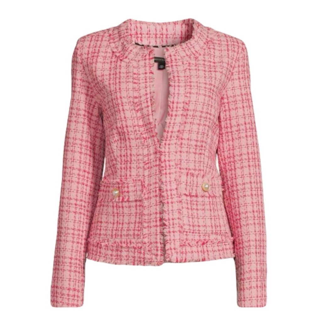 Nanette Lepore Women's Tweed Blazer Classic Plaid Pink Size Small Sparkly Pearl